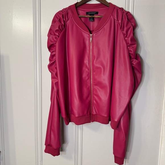 Ashley Stewart Plus Size Faux Leather Ruched Bomber Jacket Hot Pink Ruffle 32 5X - Picture 2 of 13